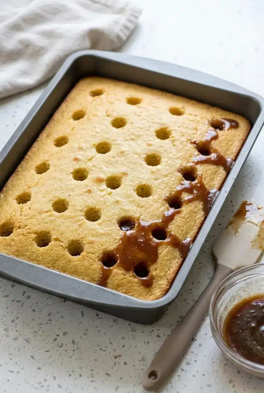 Pouring warm brown sugar cinnamon filling into holes across a baked vanilla sheet cake.