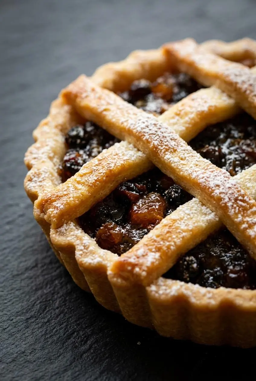Flaky blistered pastry crust on a mini mincemeat tart with spiced fruit filling peeking through the vent.