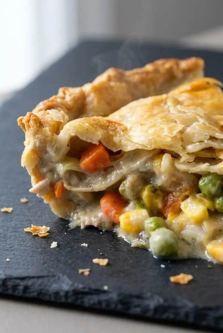 Close-up of flaky golden pot pie crust layers and thick creamy herbed turkey filling.