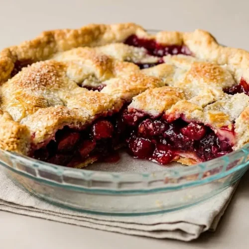 Baked cherry pie with a golden lattice crust and glossy, ruby-red fruit filling.