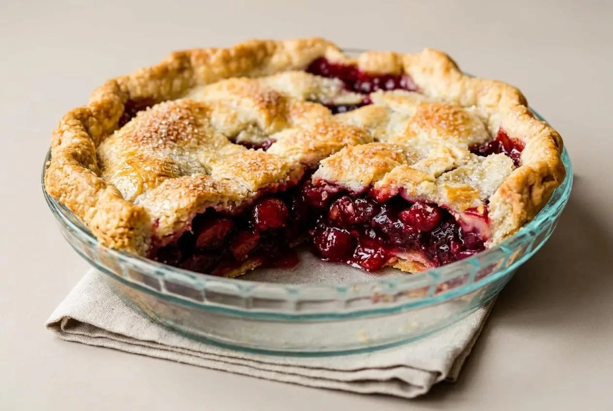 Baked cherry pie with a golden lattice crust and glossy, ruby-red fruit filling.