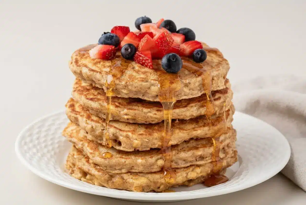 Fluffy stack made from this oatmeal pancakes recipe with golden toasted edges and warm vanilla aroma.