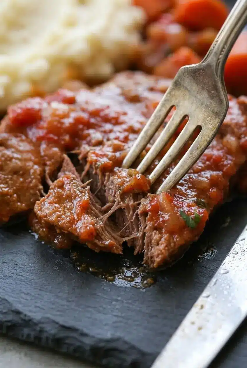 Tender braised round steak parting effortlessly with a fork in seasoned tomato gravy.
