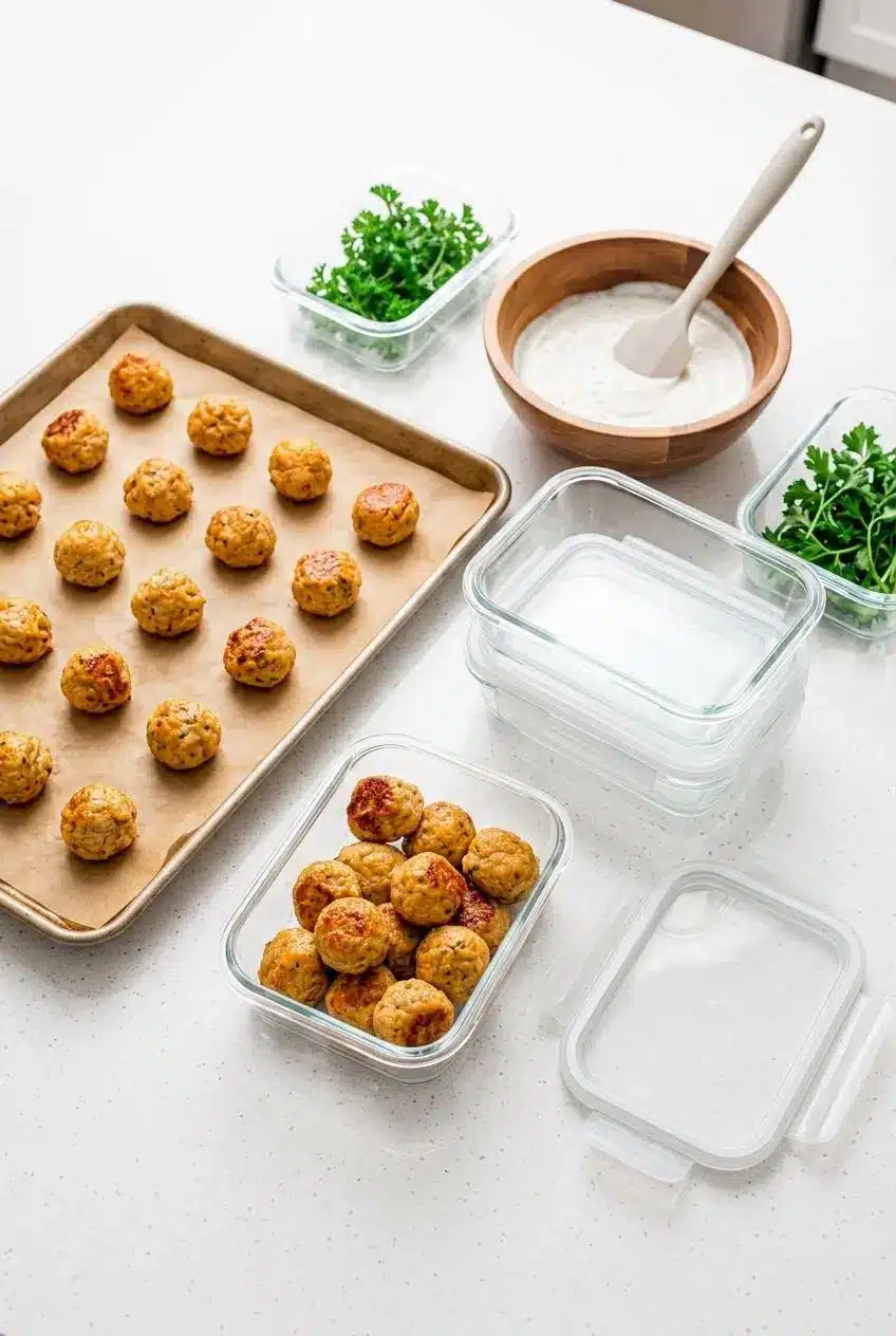 Cooked chicken meatballs spaced on a parchment baking sheet next to a glass storage container