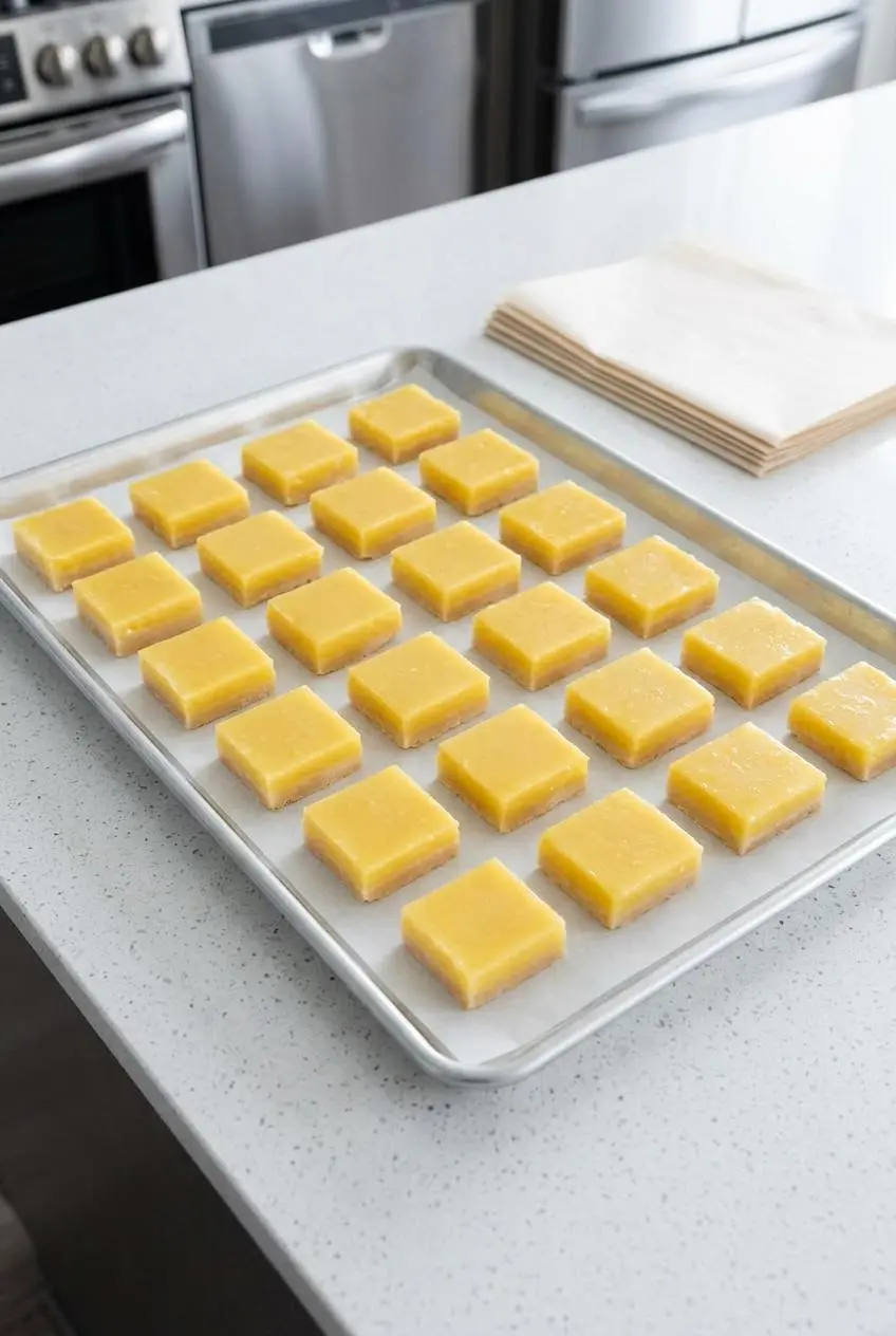 Unadorned lemon bar squares spaced on a parchment lined baking sheet for flash freezing.