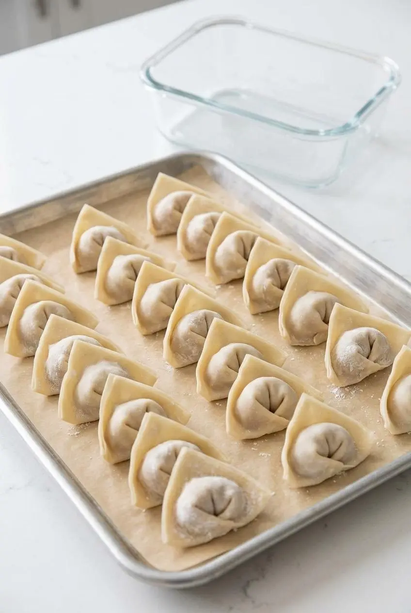 Uncooked pork and shrimp wontons arranged in neat rows on a parchment-lined baking sheet for freezing.