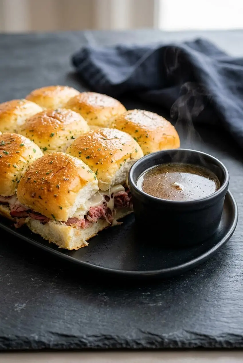Platter of baked roast beef sliders served French dip style beside a small bowl of savory beef au jus broth.