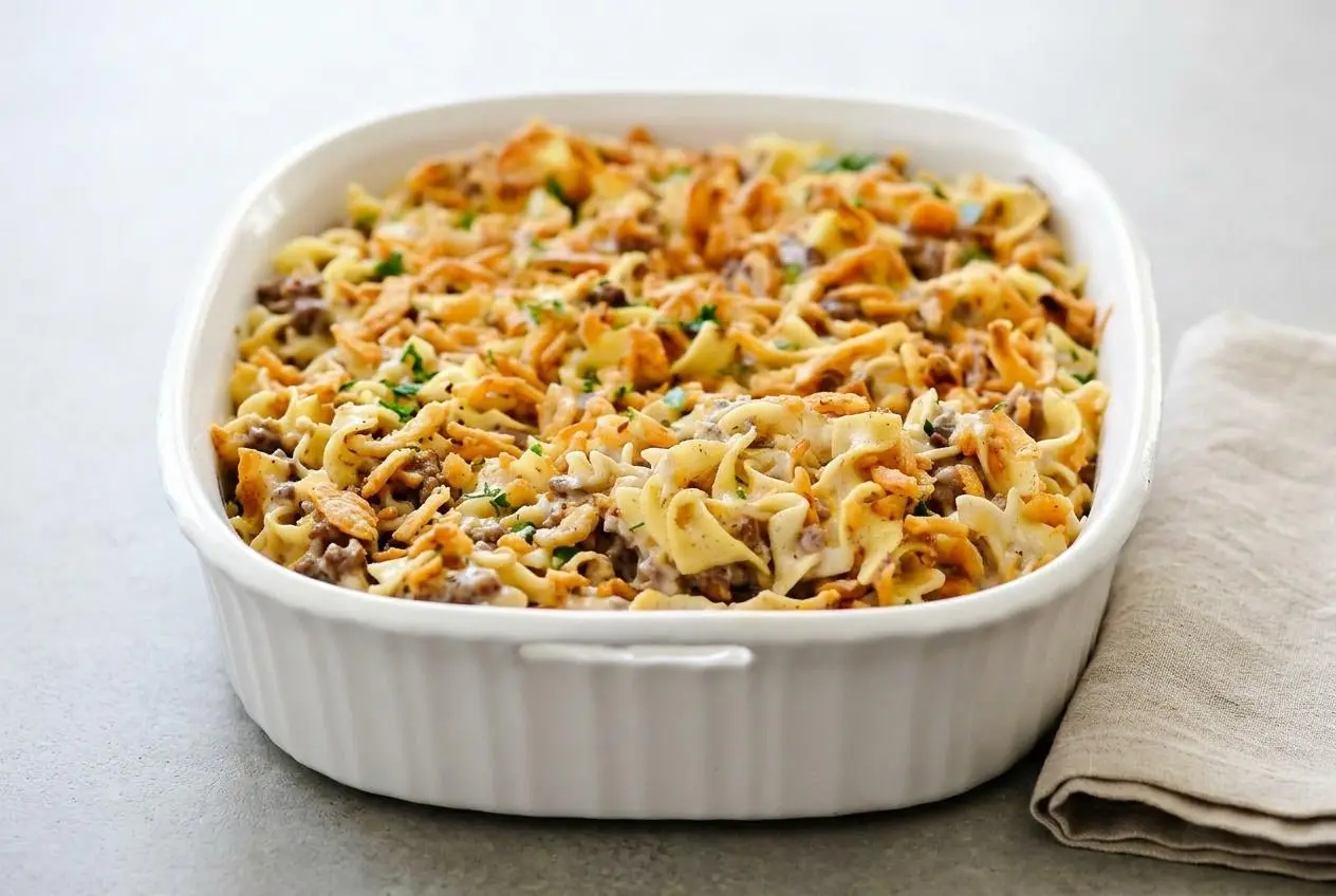 French onion beef casserole topped with crispy fried onions in a ceramic baking dish.