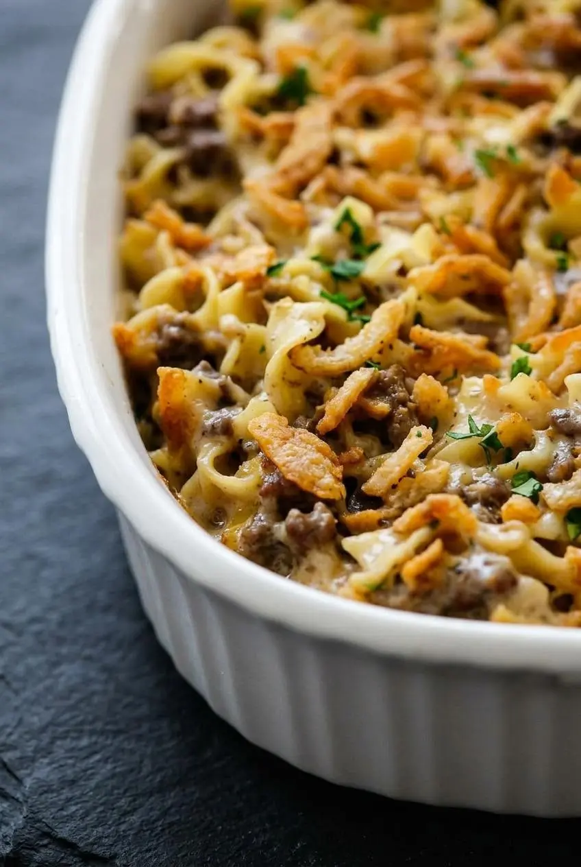 Close-up of bubbling edge and crispy fried onions on French onion beef casserole.