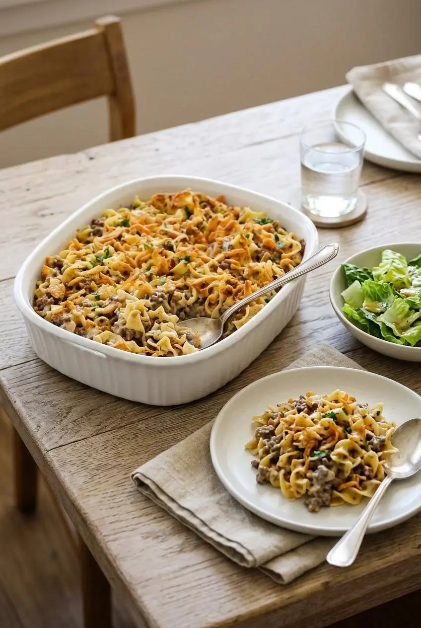Warm portion of beef casserole on a dinner plate alongside a crisp romaine green salad.