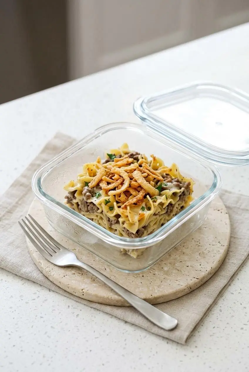 Reheating portion of beef casserole in a glass container with extra crispy fried onions on top.