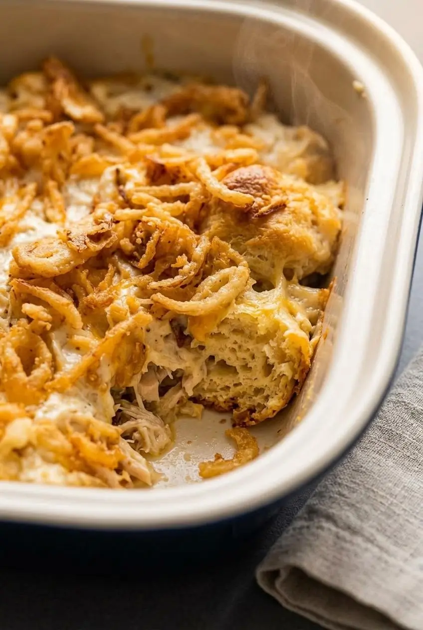 Close-up of a tender baked biscuit center in creamy French onion sauce with melted cheese and chicken.