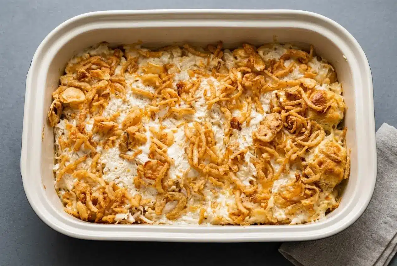 French onion chicken bubble up baked golden brown with bubbly sauce and crispy fried onions.