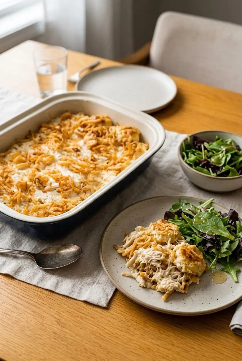 A warm plate of french onion chicken bubble up served alongside a crisp green garden salad.