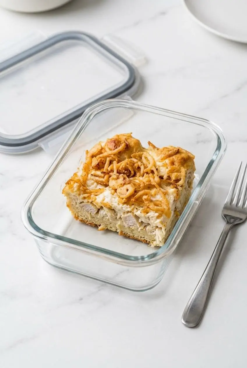 A square portion of leftover chicken bubble up casserole stored in a clear glass meal prep container.