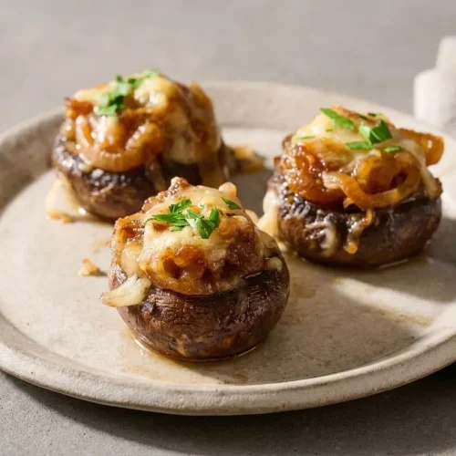 Tender french onion stuffed mushrooms topped with bubbly melted Gruyère cheese and fresh parsley.