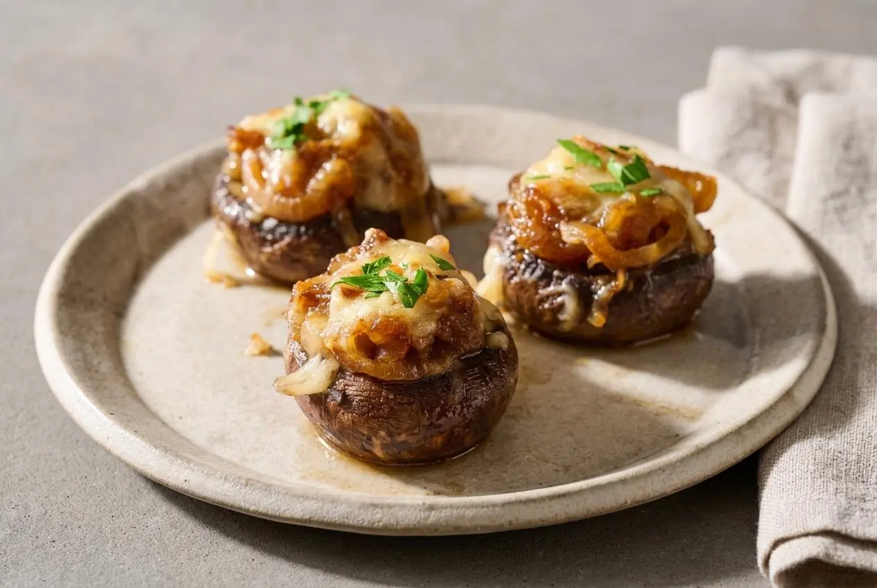 Tender french onion stuffed mushrooms topped with bubbly melted Gruyère cheese and fresh parsley.