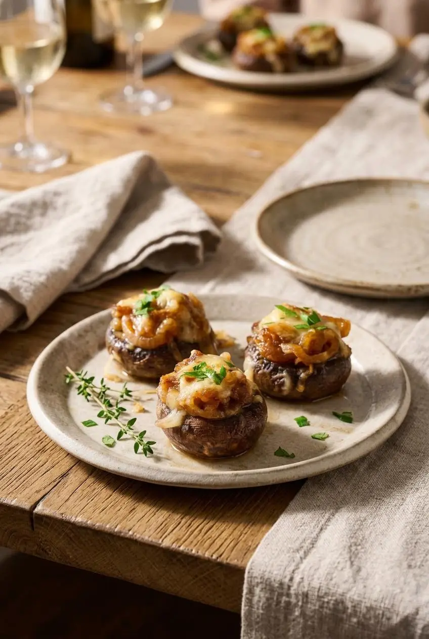 Baked french onion stuffed mushrooms arranged on a ceramic serving platter garnished with parsley and thyme sprigs.