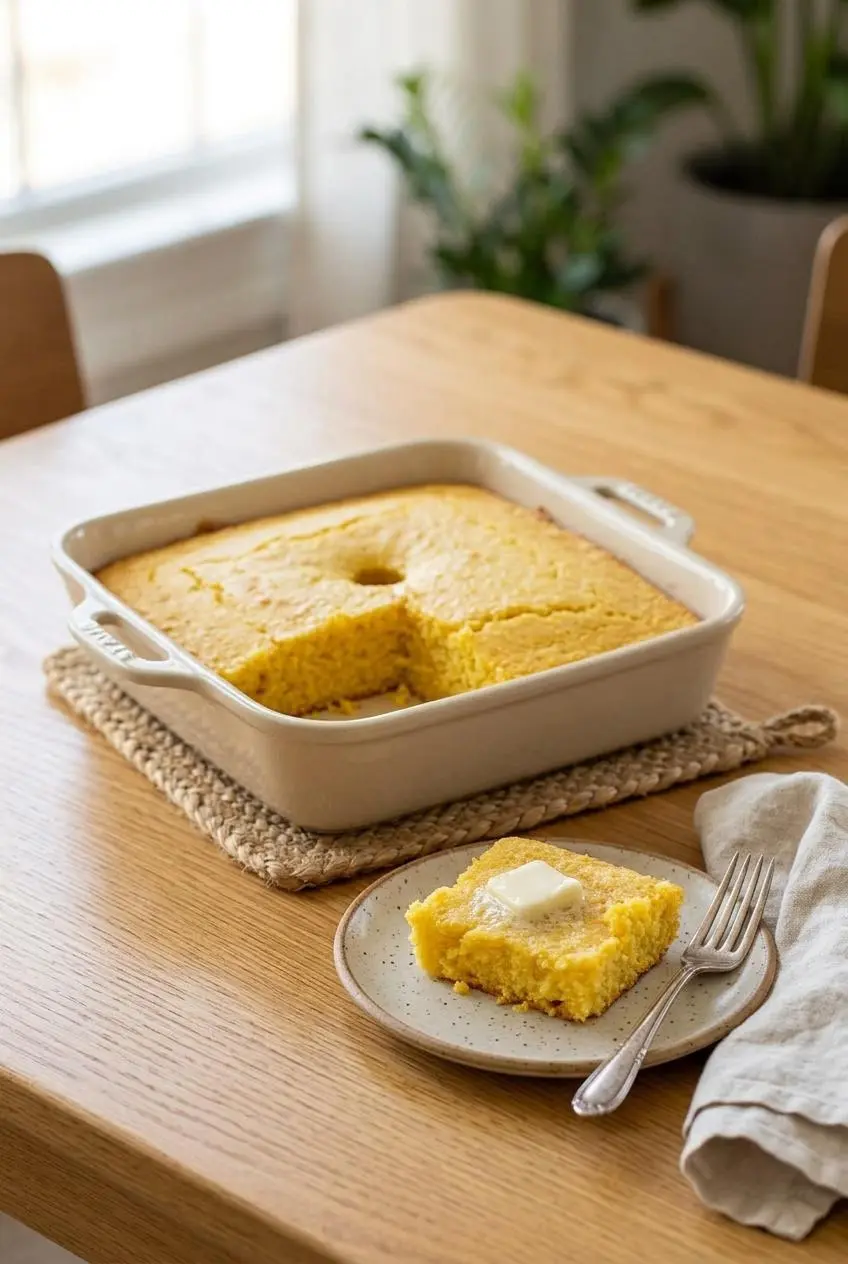 Freshly sliced square of golden cornbread served on a ceramic plate next to an 8x8 baking pan.