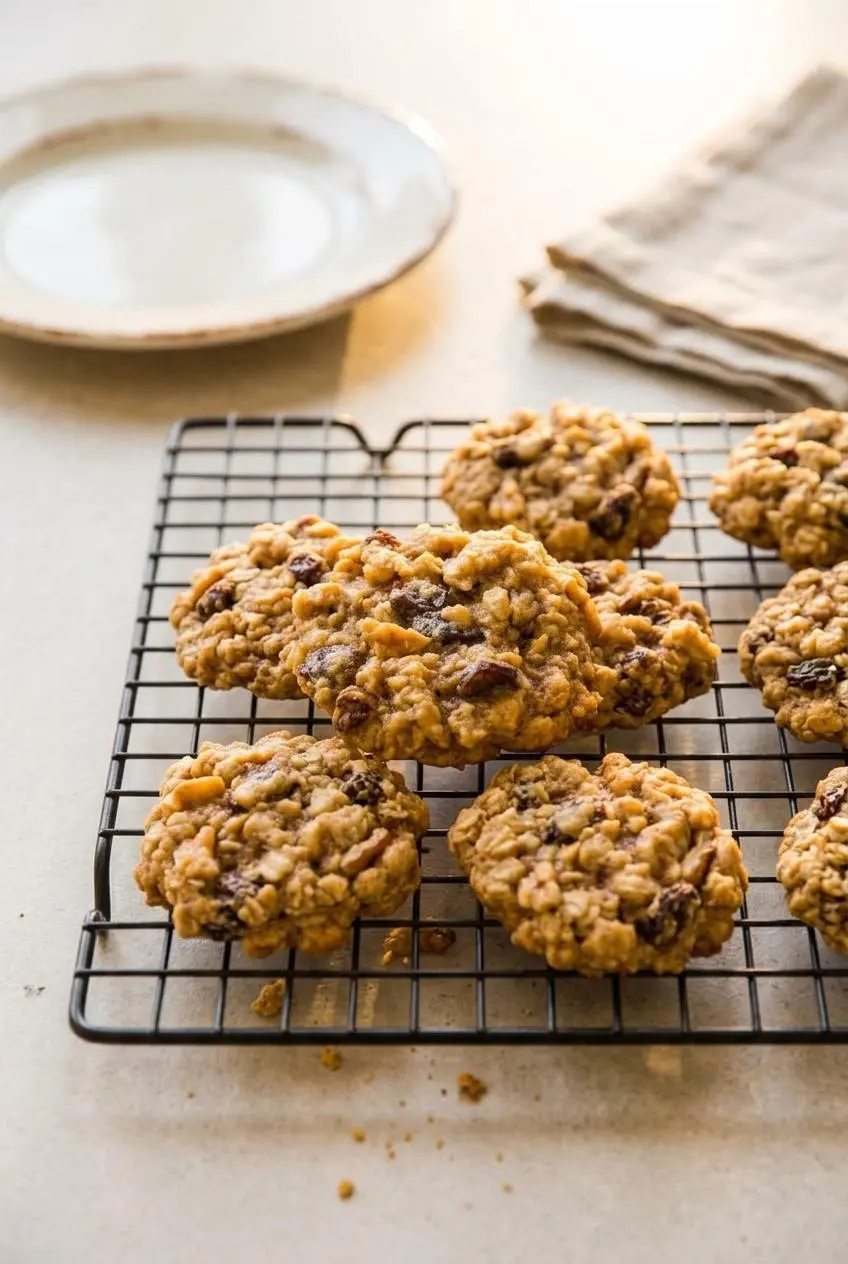 Freshly baked oatmeal raisin cookies cooling on a wire rack with golden base rings.