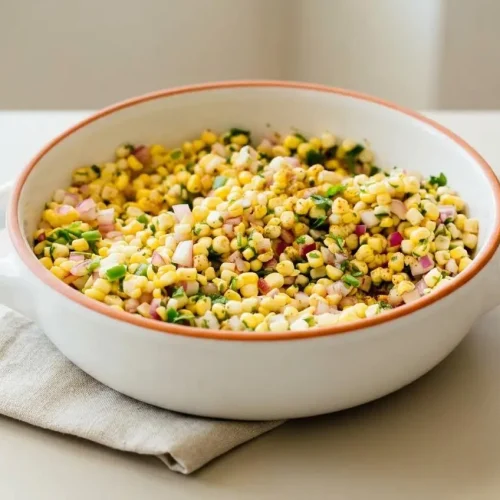 Crisp corn salsa in a bowl with sweet yellow kernels, red onion, and cilantro showing a glossy lime dressing.