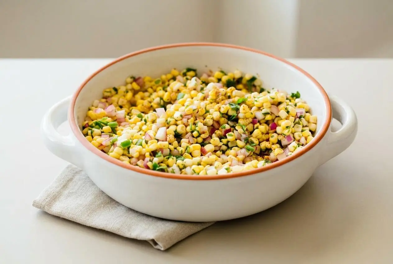Crisp corn salsa in a bowl with sweet yellow kernels, red onion, and cilantro showing a glossy lime dressing.