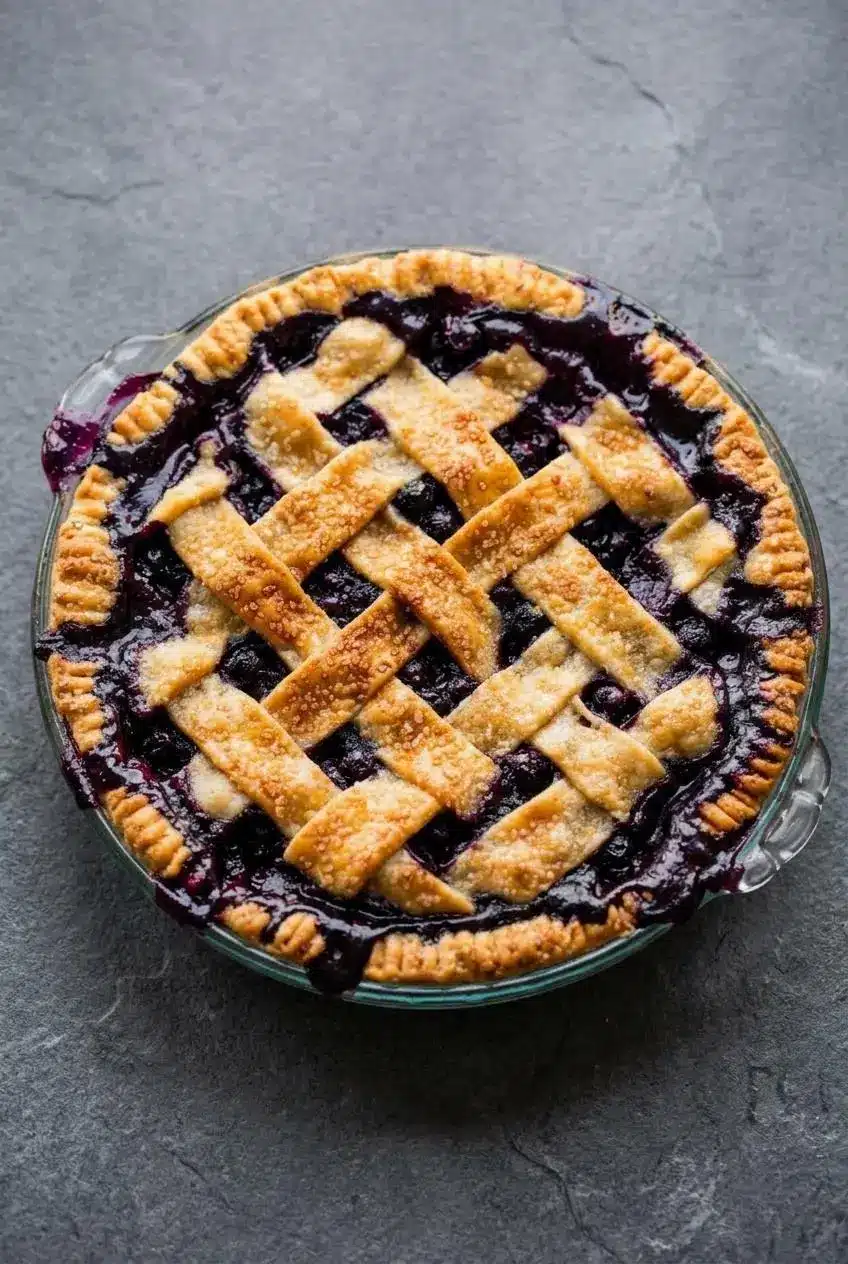Whole baked blueberry pie on a wire cooling rack with juices bubbling through the woven lattice gaps.