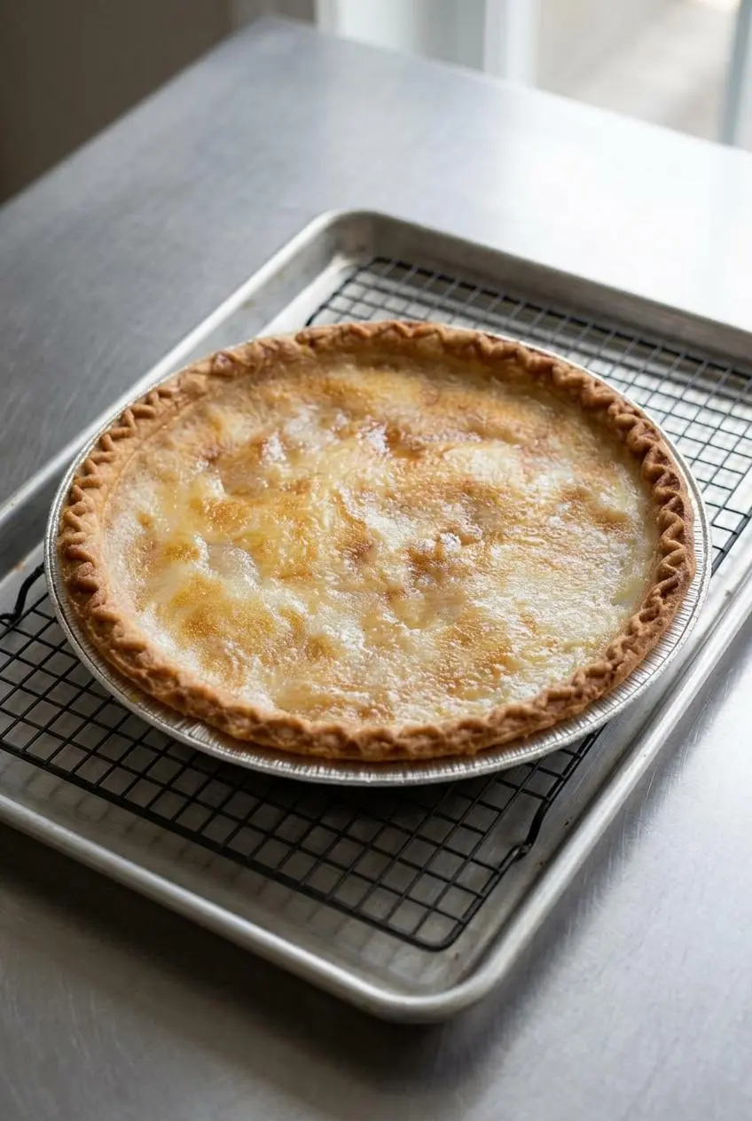 Freshly baked water pie resting on a rimmed baking sheet over a wire cooling rack