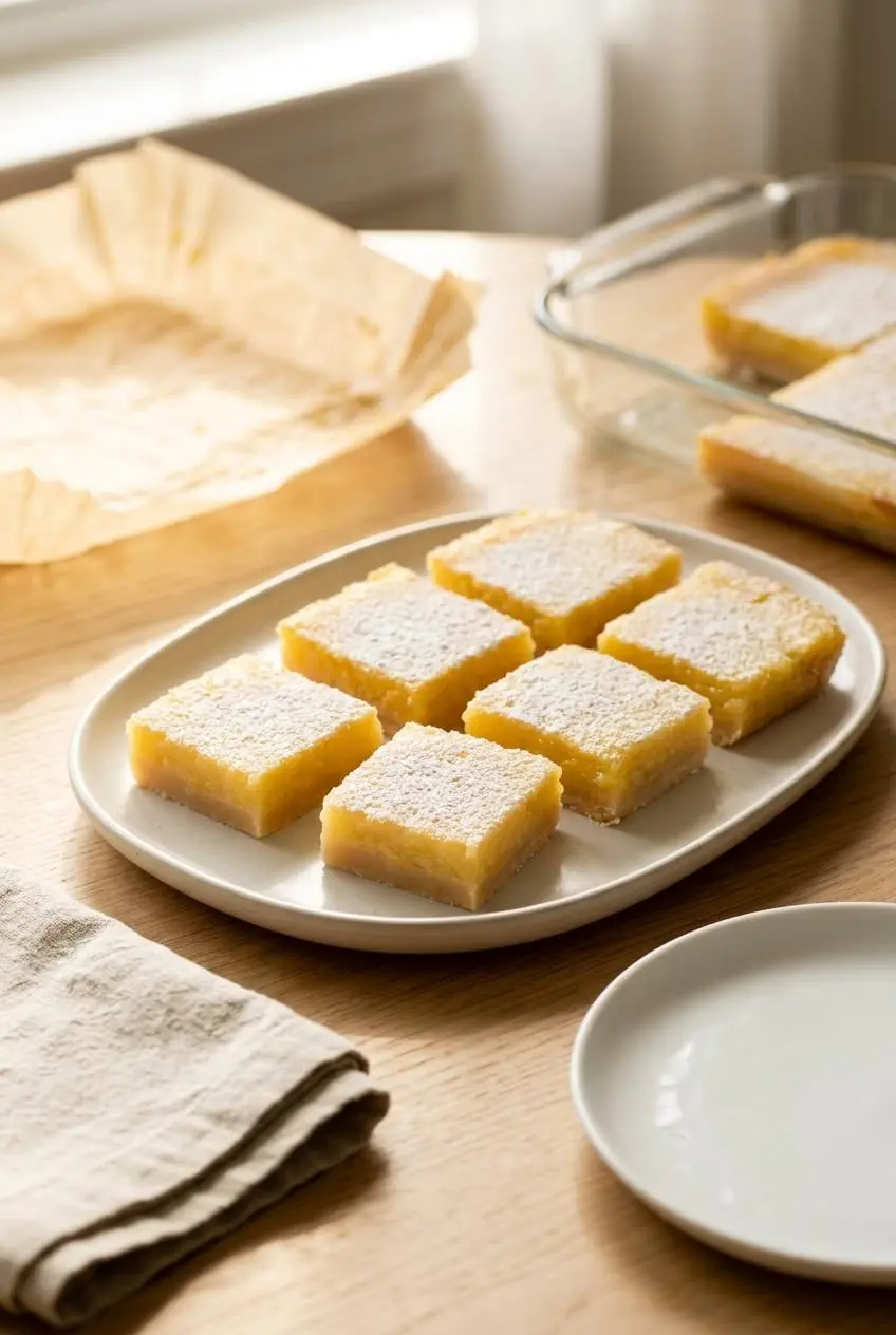 Sliced chilled lemon bar squares arranged on a platter beside a parchment lined baking dish.