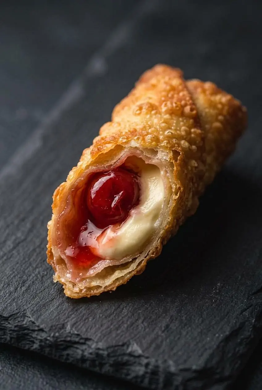 Sliced cherry cheesecake egg roll on slate showing bubbly fried shell and creamy cherry filling.