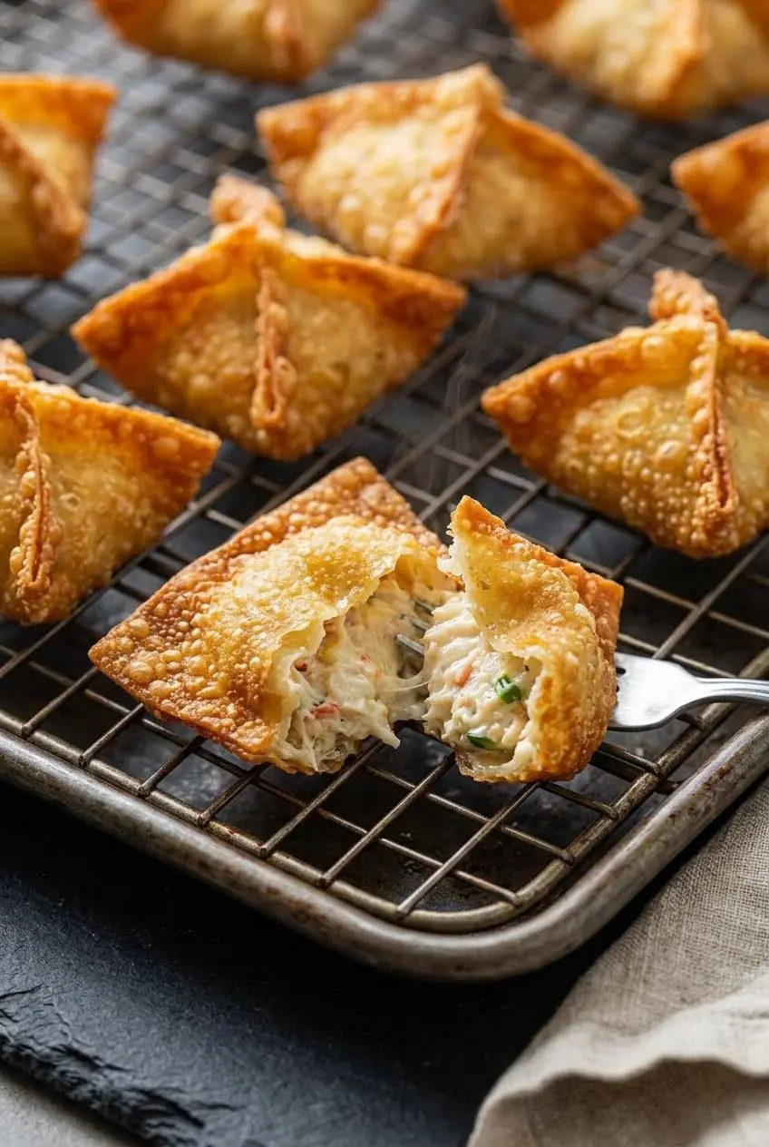 Golden fried crab rangoon draining on a wire rack with crisp blistered crust and warm crab filling.