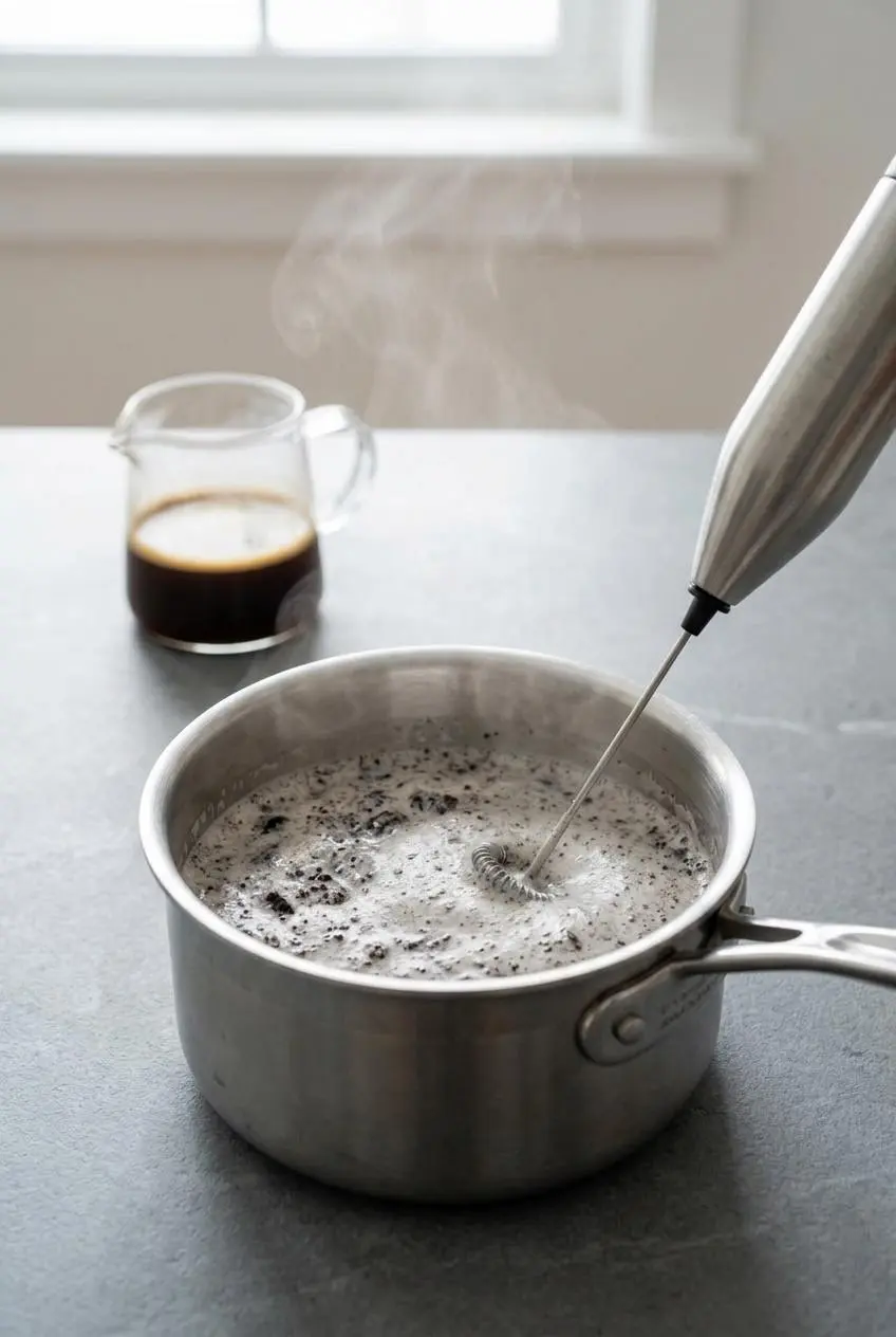 Handheld milk frother blending warm milk and crushed chocolate cookies in a small saucepan on a kitchen counter.