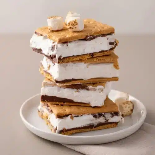 Chilled square frozen s’mores bar showing crisp graham crackers, smooth milk chocolate, and fluffy marshmallow cream.