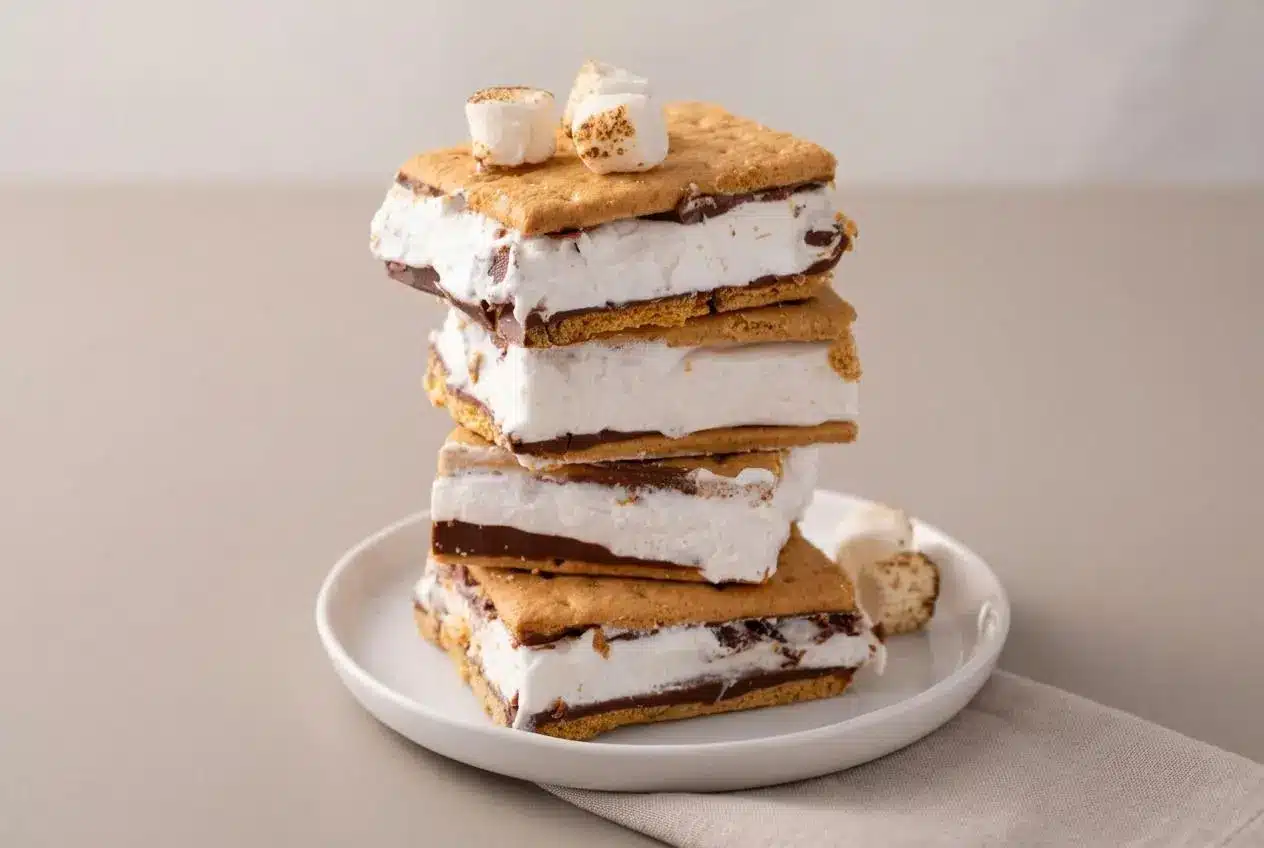 Chilled square frozen s’mores bar showing crisp graham crackers, smooth milk chocolate, and fluffy marshmallow cream.
