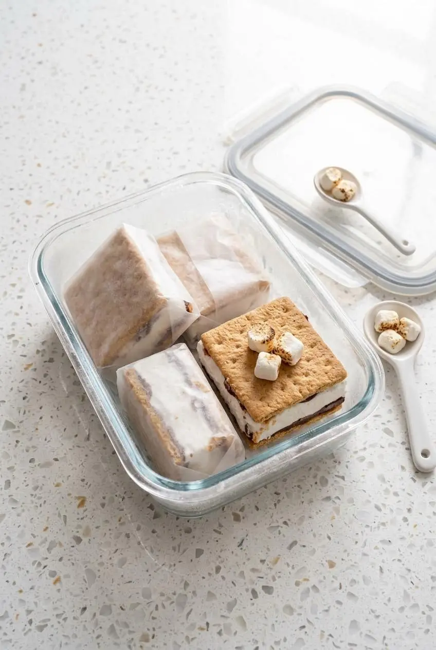 Glass freezer container with wax paper wrapped frozen s'mores squares and an unwrapped bar.