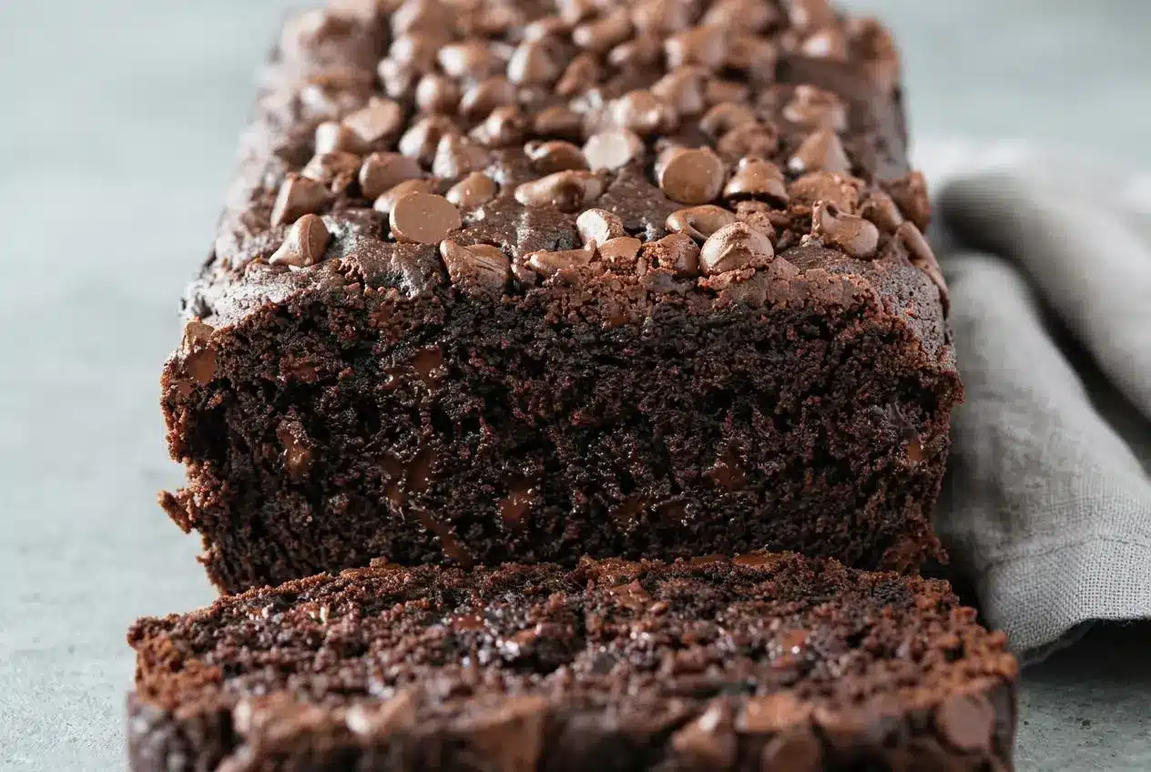 Freshly baked chocolate banana bread loaf studded with melted semisweet chocolate chips and a tender crumb.