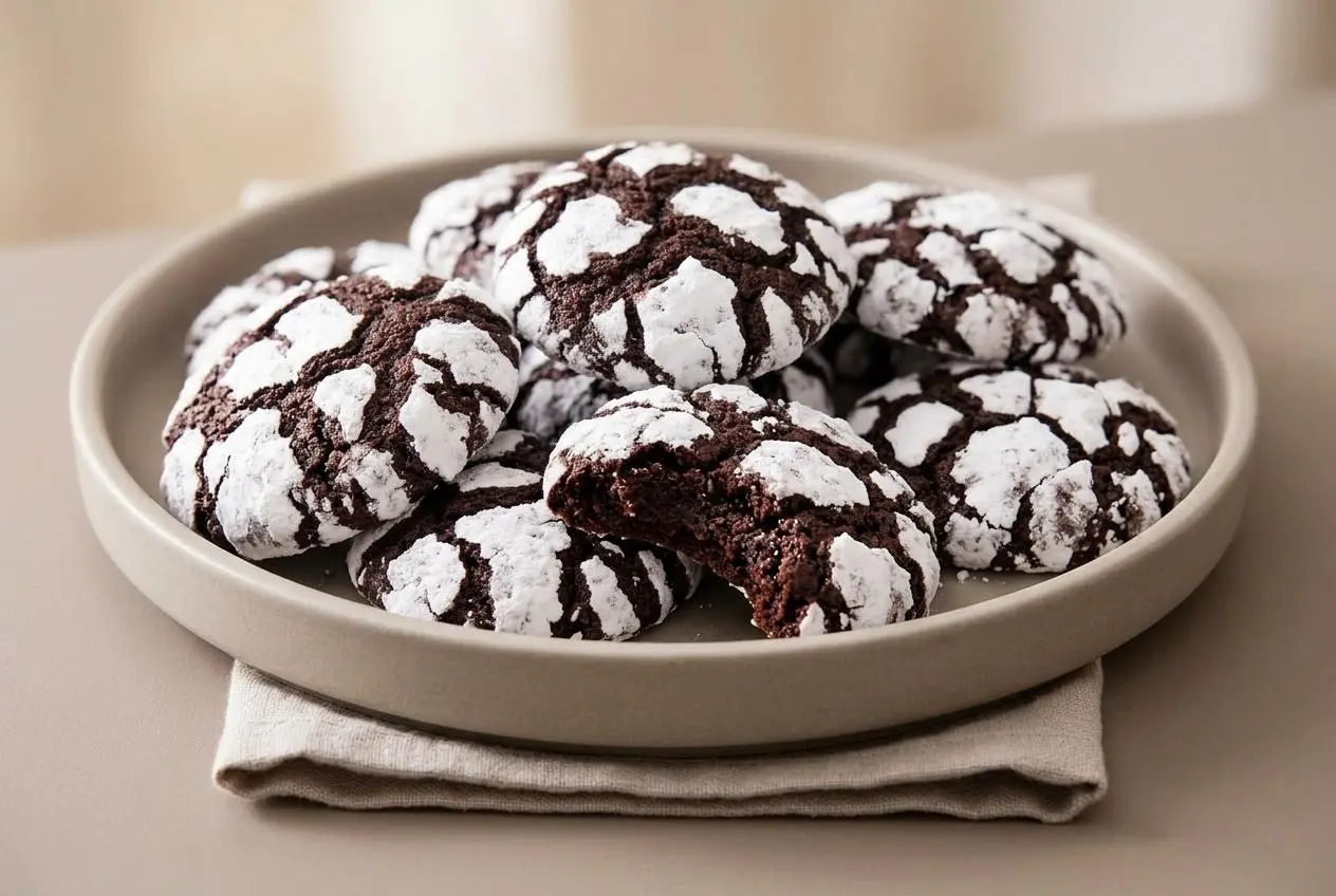 Chocolate crinkle cookies recipe with crisp powdered sugar cracks and rich fudgy centers.
