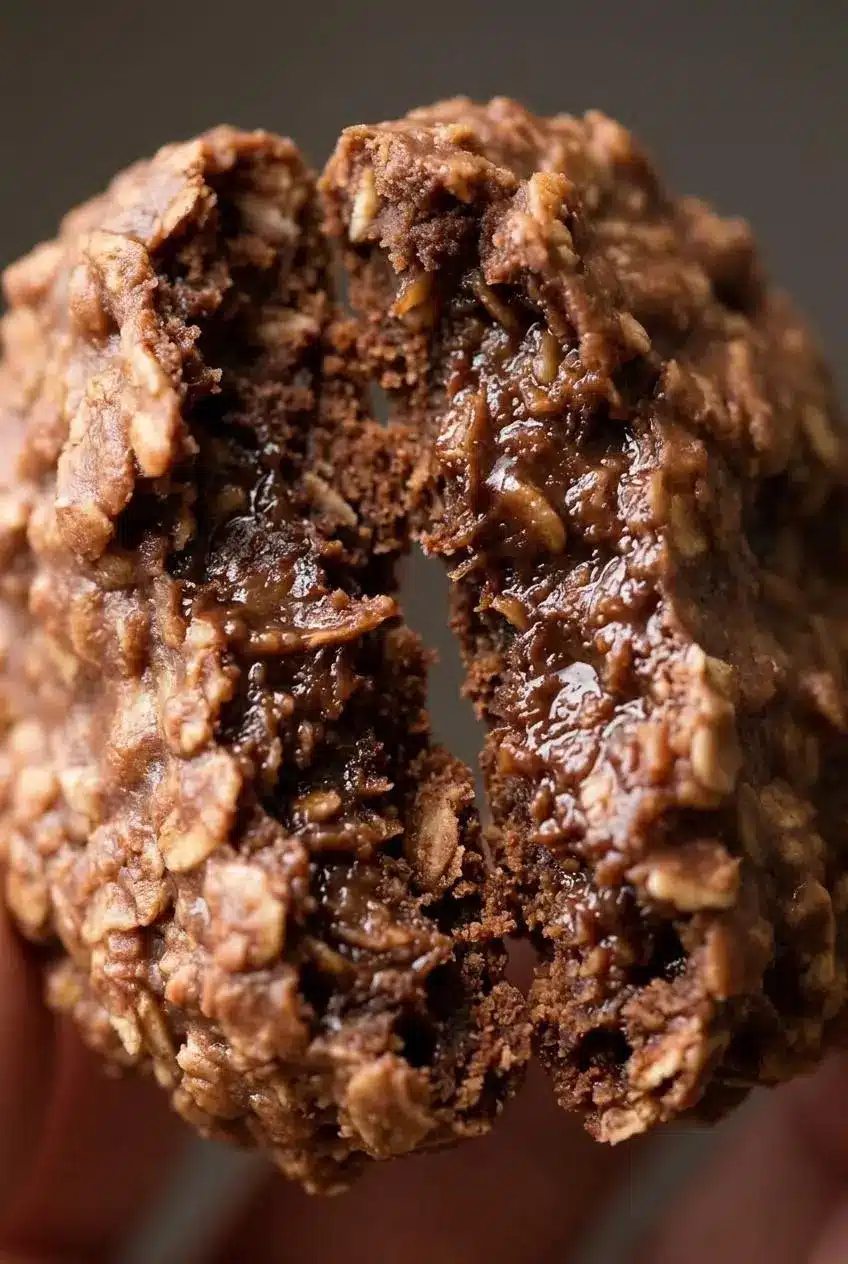 Close up of a broken chocolate no-bake cookie showing fudgy peanut butter oat texture.