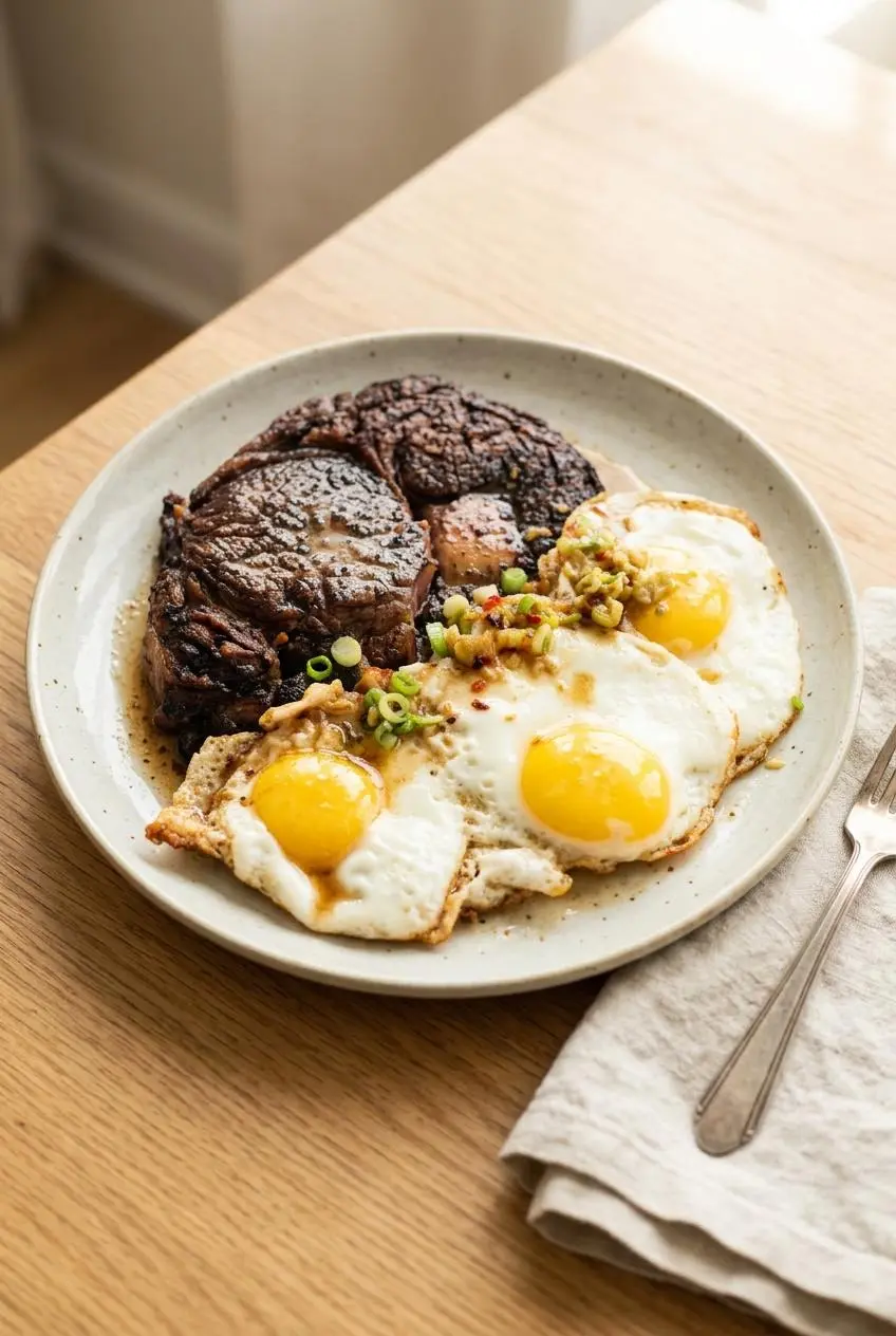 Plated steak and eggs drizzled with glossy garlic butter pan sauce and chopped green onions.