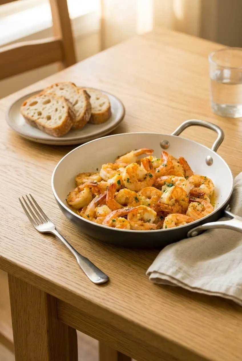 Garlic butter shrimp in a skillet served alongside warm crusty sliced bread for dipping
