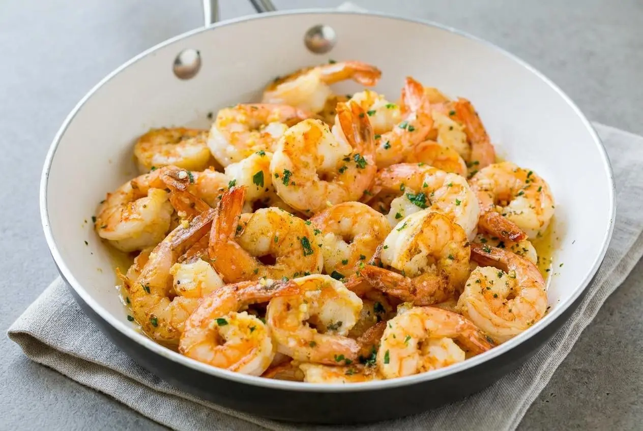 Skillet of tender garlic butter shrimp coated in a glossy lemon butter sauce and fresh parsley