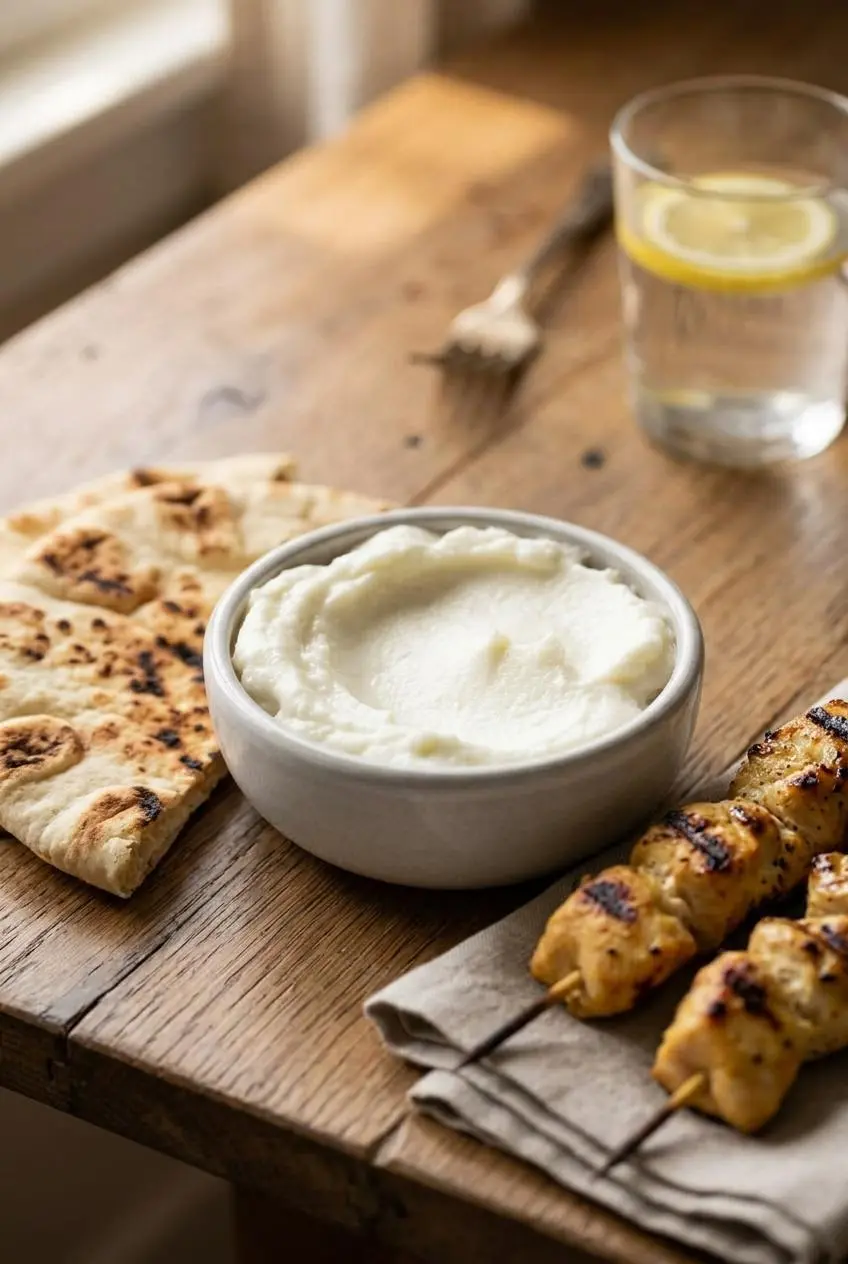 Bowl of white garlic sauce served with grilled chicken skewers, pita bread, and potato wedges.