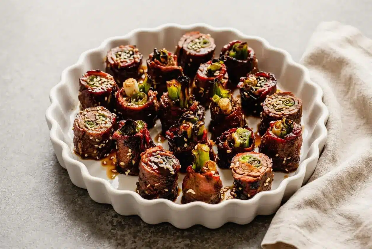 Platter of sliced beef negimaki rolls filled with crisp scallions and coated in a glossy, dark soy mirin glaze.