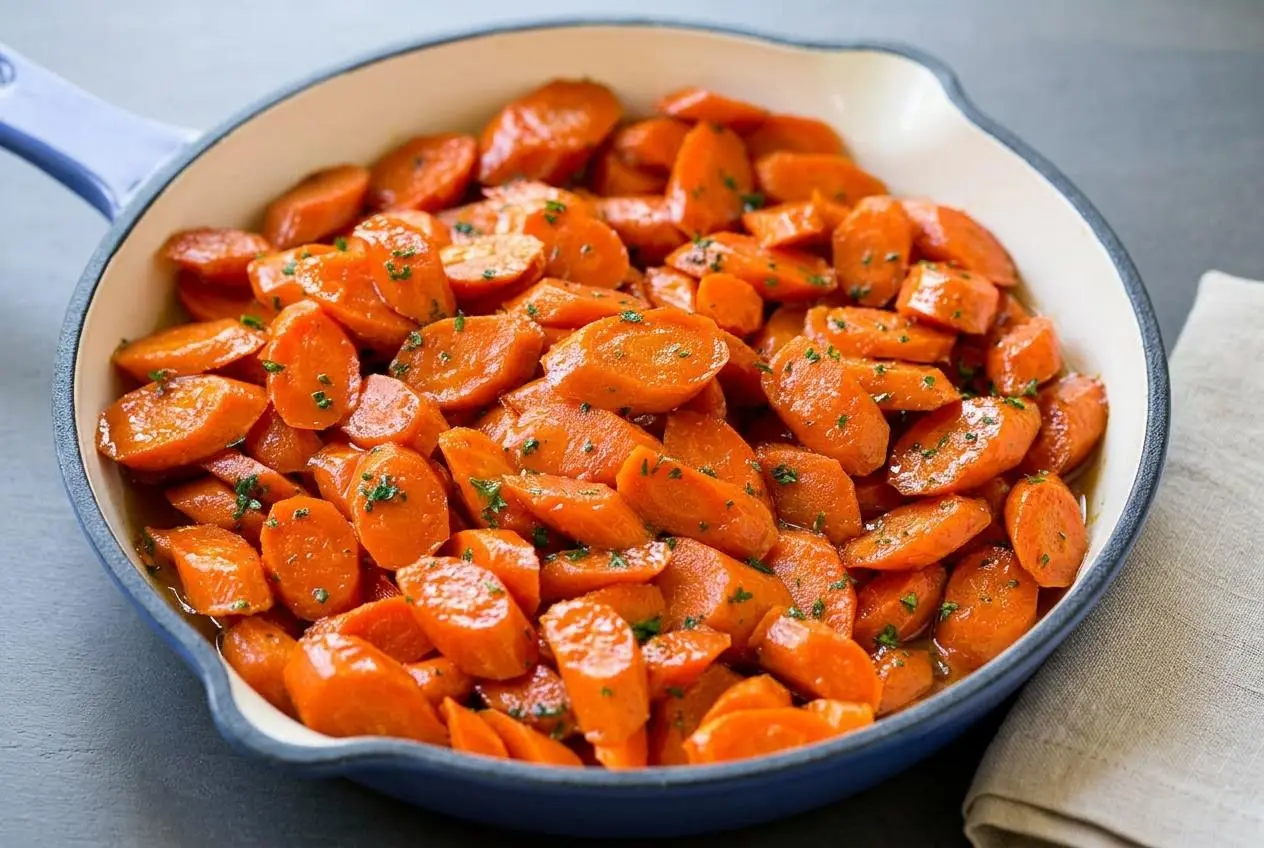 Glazed carrots recipe featuring tender sliced carrot coins coated in a glossy buttery brown sugar sauce.