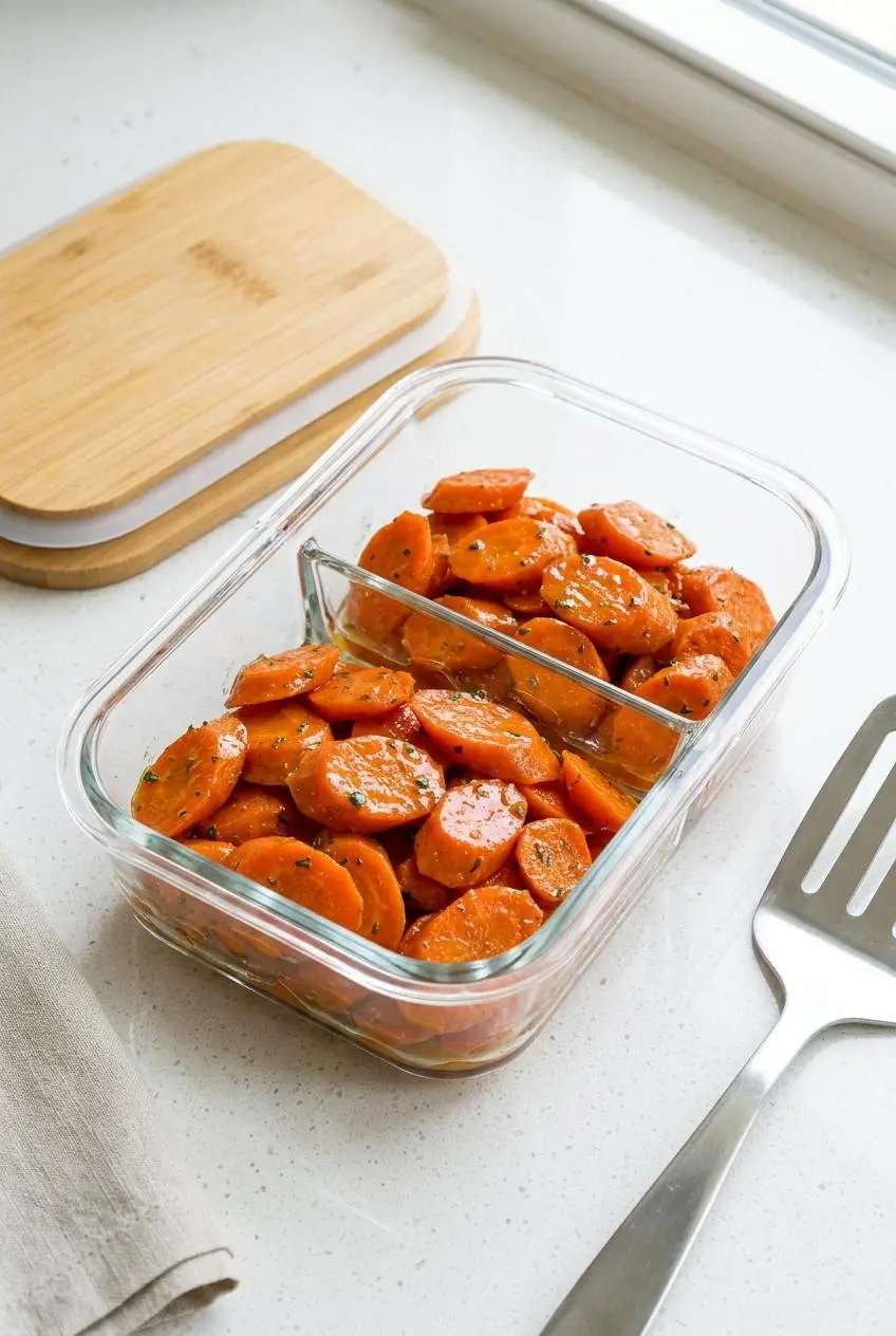 Glazed carrot coins stored in a clear glass airtight meal prep container on a quartz counter.