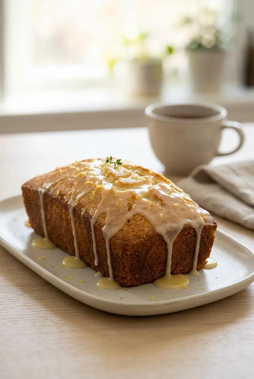 Glazed lemon pound cake on a ceramic platter beside a teacup on a sunny wooden table.