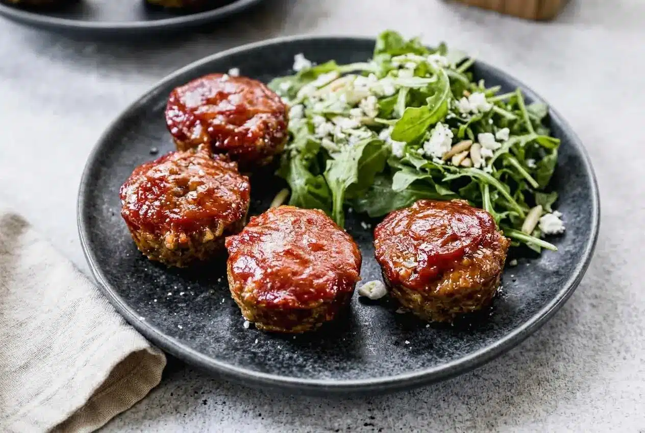 Glazed portions from this mini meatloaf recipe baked with sweet ketchup topping and tender rounded tops.