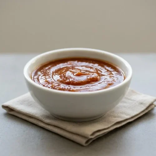 Smooth homemade banana ketchup served in a small bowl with a glossy golden amber finish.