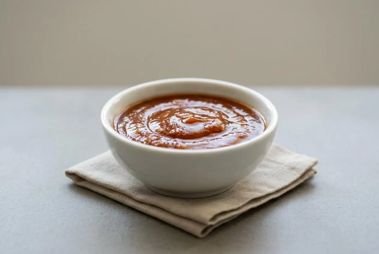 Smooth homemade banana ketchup served in a small bowl with a glossy golden amber finish.
