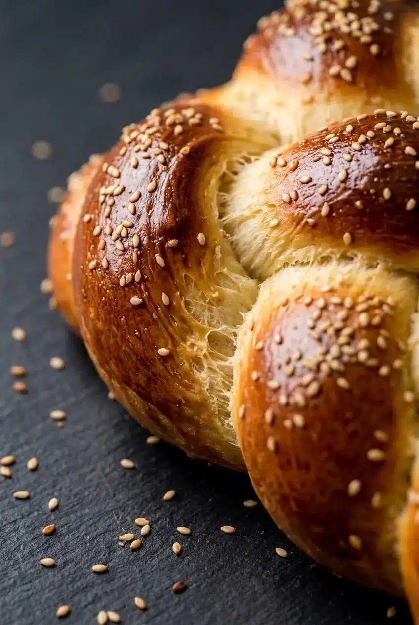 Macro view of glossy braided challah crust with sesame seeds parting to show the tender crumb